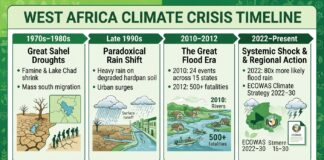 WEST AFRICA CLIMATE CRISIS TIMELINE 1970s–1980s Late 1990s 2010–2012 2022–Present Great Sahel Paradoxical The Great Flood Systemic Shock Droughts Rain Shift Era & Regional Action |----------------|----------------|----------------|------> • Famine & Lake • Heavy rain • 2010: 24 events• 2022: 80x more Chad shrink on degraded across 15 state likely flood rain • Mass south hardpan soil • 2012: 500+ • ECOWAS Climate migration • Urban surges fatalities Strategy 2022–30