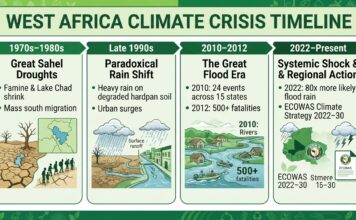 How Decades of Drought, Deforestation, and Policy Gaps Fuelled West Africa’s Climate Crisis WEST AFRICA CLIMATE CRISIS TIMELINE 1970s–1980s Late 1990s 2010–2012 2022–Present Great Sahel Paradoxical The Great Flood Systemic Shock Droughts Rain Shift Era & Regional Action |----------------|----------------|----------------|------> • Famine & Lake • Heavy rain • 2010: 24 events• 2022: 80x more Chad shrink on degraded across 15 state likely flood rain • Mass south hardpan soil • 2012: 500+ • ECOWAS Climate migration • Urban surges fatalities Strategy 2022–30