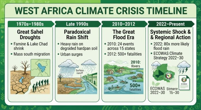 west African climate crisis time line WEST AFRICA CLIMATE CRISIS TIMELINE 1970s–1980s Late 1990s 2010–2012 2022–Present Great Sahel Paradoxical The Great Flood Systemic Shock Droughts Rain Shift Era & Regional Action |----------------|----------------|----------------|------> • Famine & Lake • Heavy rain • 2010: 24 events• 2022: 80x more Chad shrink on degraded across 15 state likely flood rain • Mass south hardpan soil • 2012: 500+ • ECOWAS Climate migration • Urban surges fatalities Strategy 2022–30